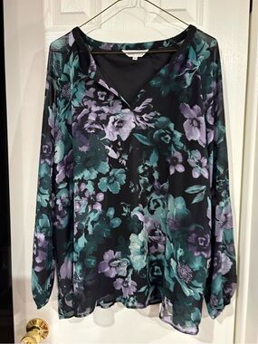 Reflections Black V-Neck Floral Blouse with Teal & Lavender